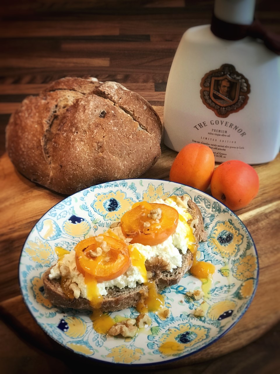 Whipped feta and apricot toast with walnuts and a honey, apricot drizzle