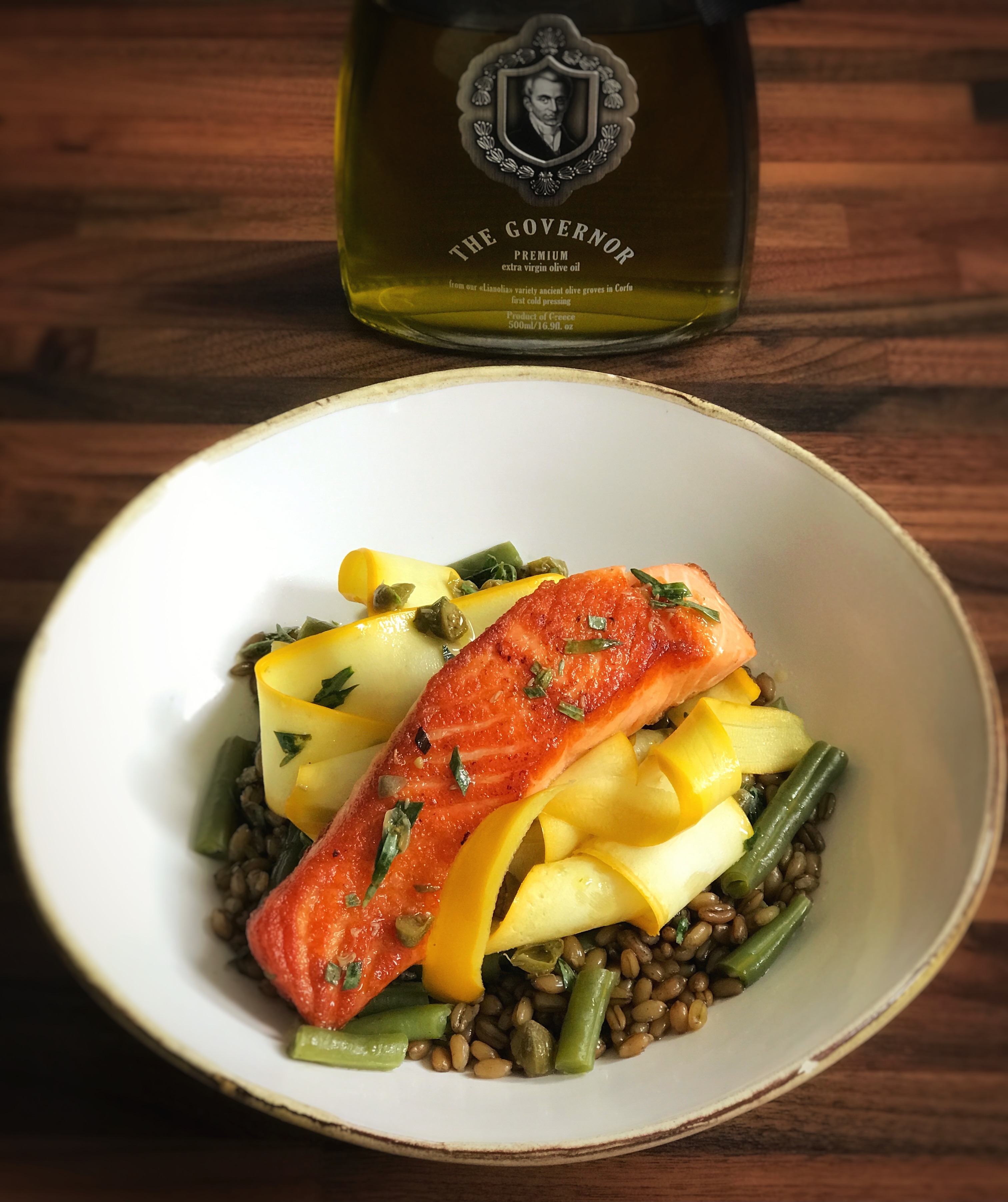 Salmon, Courgette, green beans with freekah and a lemon caper dressing